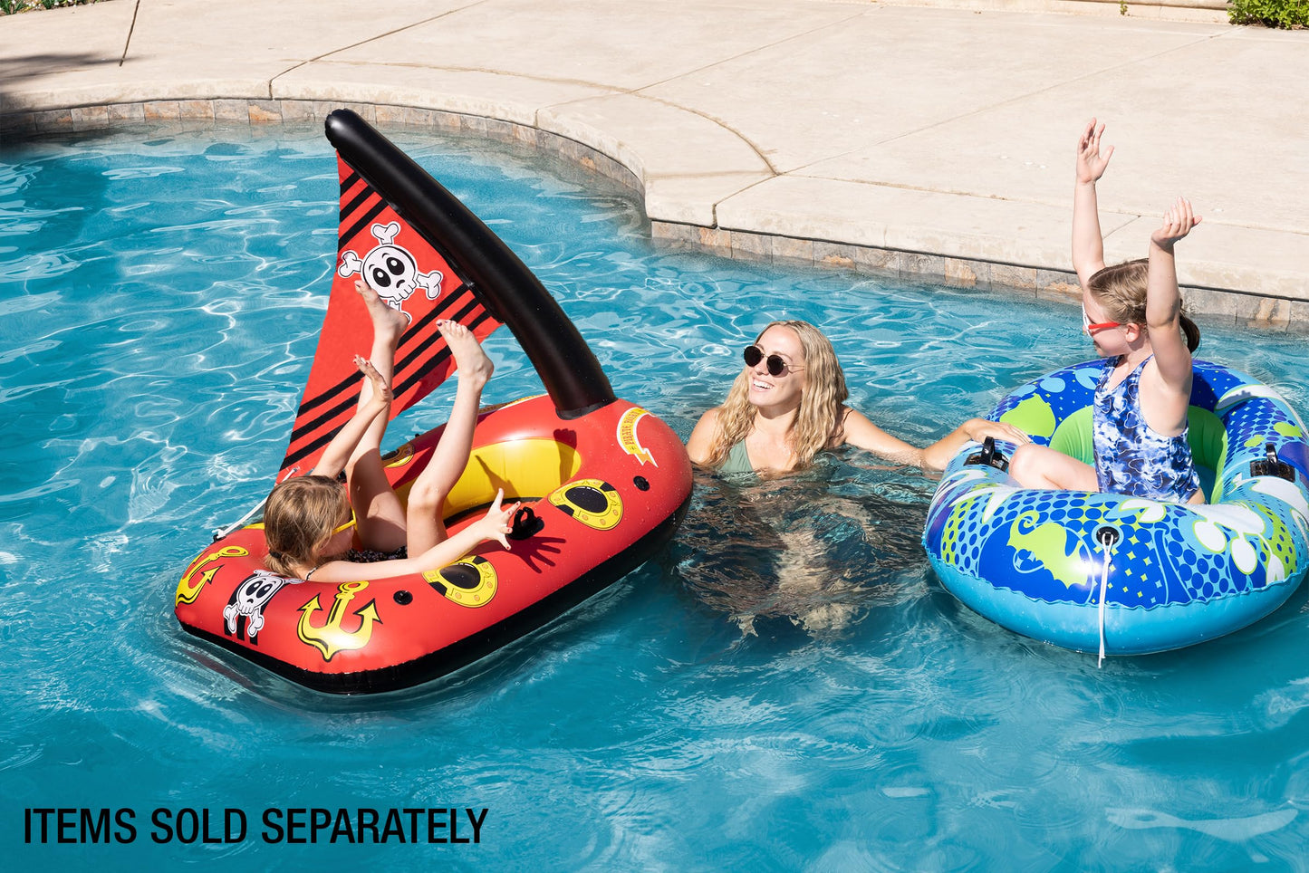 Poolmaster Inflatable Pirate Boat Pool Float for Kids, Baby Rider Boat with Seat, Pirate Ship Inflatable with Mast, Oar Locks and Rope Holders, Durable Vinyl Floatie for Pool, Lake or Beach