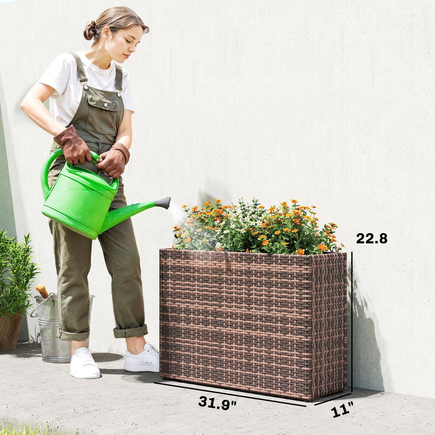 Outsunny Tall Rectangular Planter with Removable Liner, PE Wicker Large Planters for Outdoor Plants, Freestanding Indoor Outdoor Planter Box with Drainage Holes for Flowers, Vegetables, Brown