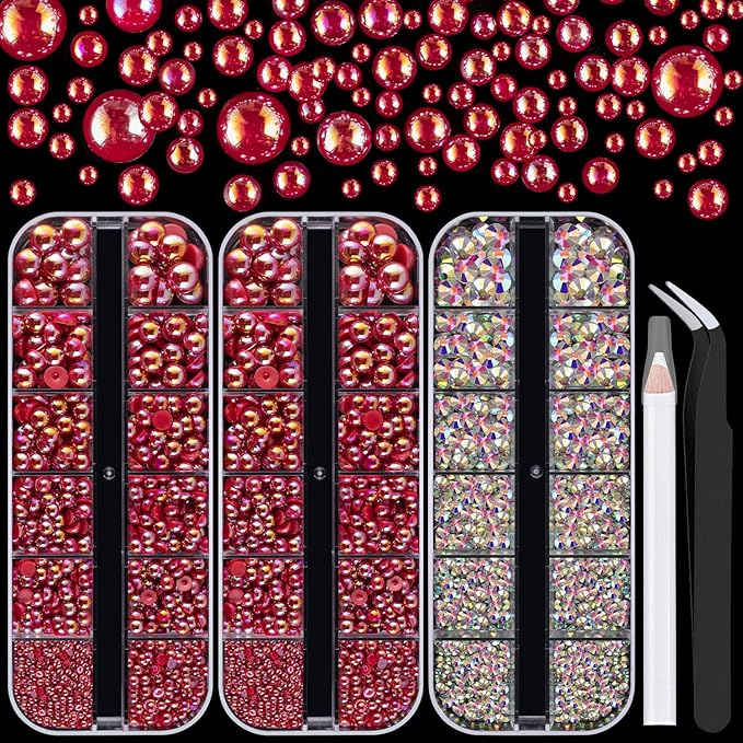 4000PCS Flatback Rhinestones and Half Round Pearls Kit #34, Multi Size Glass AB Crystals, Plastic Flat Back Red AB Dome Bead with Pickup Pencil and Tweezer for Nail Art