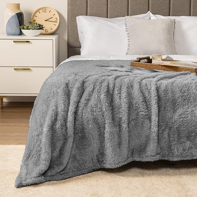 PAVILIA Sherpa Throw Blanket for Couch Sofa, Grey Fluffy Warm Plush Blanket for Twin Bed, Cozy Super Soft Lightweight Throw, Fuzzy Decorative Blanket, All Season Home, 60x80