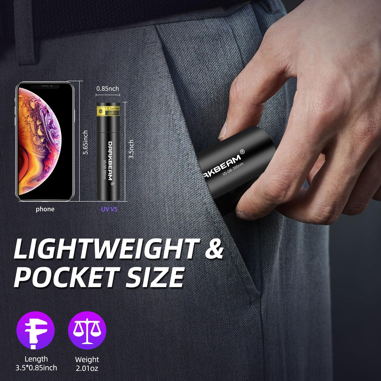 DARKBEAM Flashlight UV Black Light 395 NM, Mini but Powerful USB- C LED Rechargeable Woods Lamp, Ultraviolet Flashlights for Pet Dog Urine, Stains Detection/Resin Curing/Fluorescent Agent