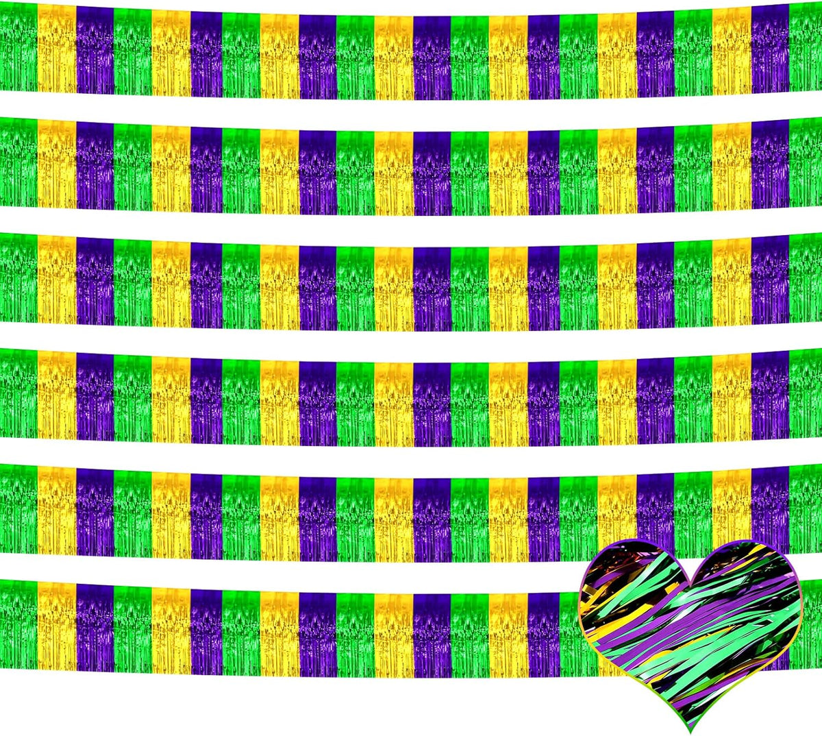 6 Pack 6 Feet Mardi Gras Foil Fringe Garland Metallic Tassle Banner Wall Hanging Tinsel Streamers Backdrop for Parade Floats, Bachelorette, Wedding, Birthday Party Decorations(Gold Green Purple)