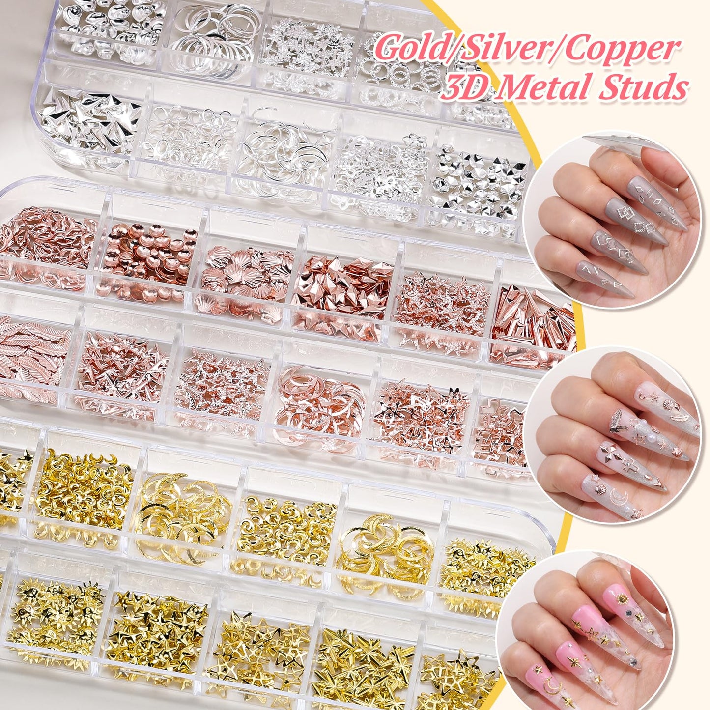 12 Boxes Nail Rhinestones Gems Kit,Gold/Silver Metal Studs,Mixed Sizes Flatback Crystals Rhinestones,Half Pearls,Sequins,Foil Flakes with Tweezers & Dotting Tools for DIY Manicure