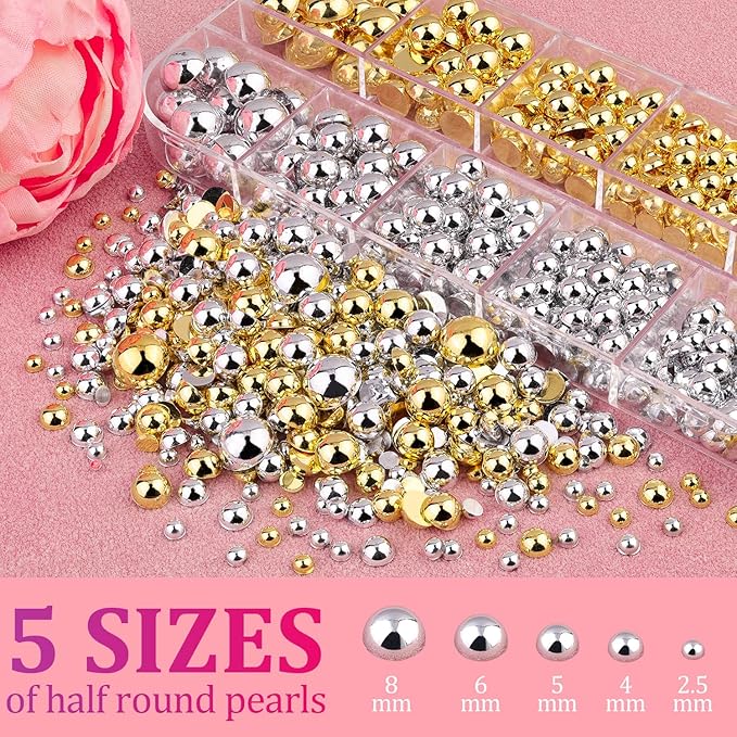 Belleboost Flat Back Pearls Kits, Flatback Half Round Silver Gold Pearls for Bedazzling with Pickup Pencil and Tweezers for Crafting Home DIY and Professional Nail Art, Face Makeup and Craft