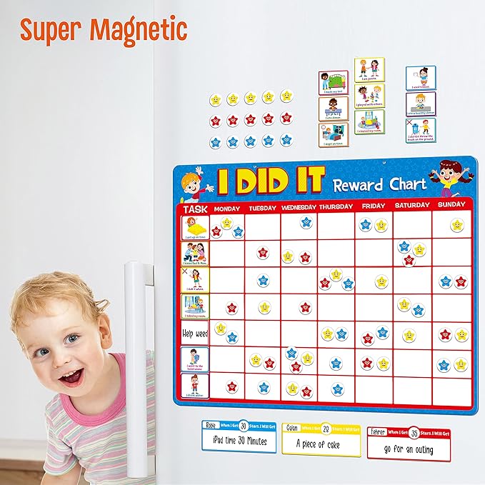 Magnetic Reward Chart, Dry Erase Kids Behavior Responsibility Task Board-84 Chores (Including 7 Blanks), 272 Magnetic Stars, 8 Markers & 3 Name Cards-Good Behavior Daily Routine to Motivate Kids