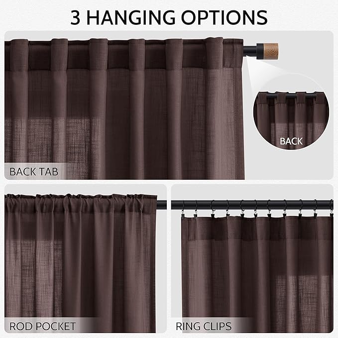 Coffee Brown Linen Curtains for Living Room 105 Inches Long Light Filtering Semi Sheer Curtain Back Tab Luxury Modern Rustic Home Decor Neutral Drapes for Bedroom Dinner Room 52x105, 2 Panels