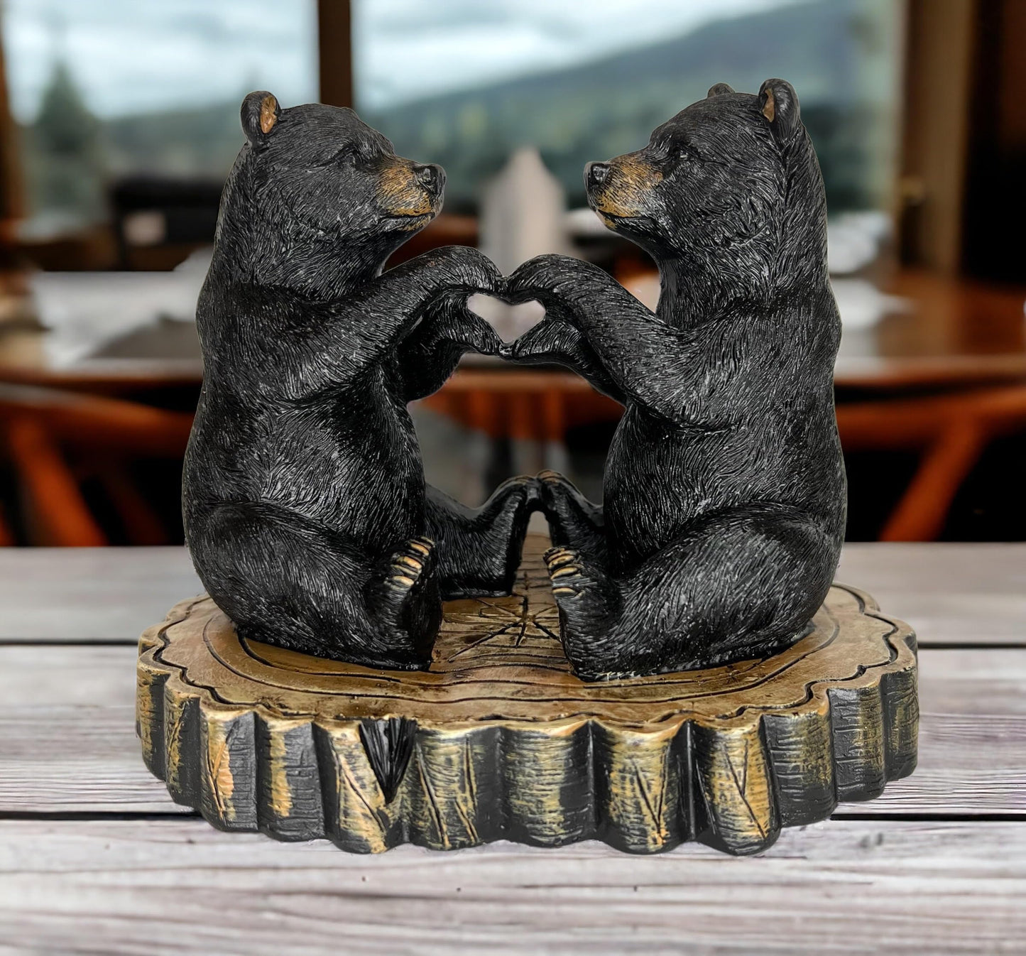 Two Black Bears Heart Hands Figurine – 6” Wide Whimsical Bear Couple I Love You Statue – Rustic Home, Cabin, Lodge, Office Decor