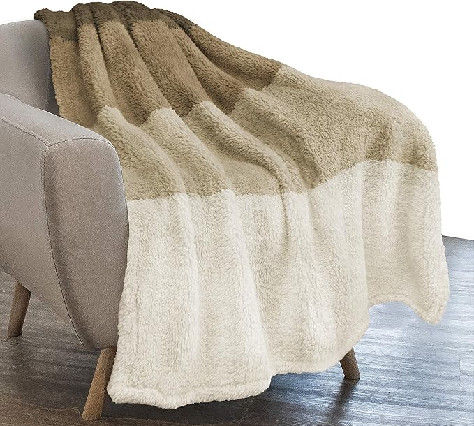 PAVILIA Fluffy Sherpa Throw Blanket Ombre | Gradient Plush, Soft, Fuzzy, Decorative Accent Throw Blanket for Couch Sofa Bed | Cozy Warm Decorative Furry Faux Fur Blanket, 50x60 Inches Taupe