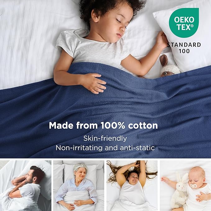 Bedsure 100% Cotton Blanket Twin XL Size for Bed - Breathable and Lightweight, Soft Cozy Textured Herringbone Woven Blanket for Summer Spring, Navy Blue, 66x90 inches