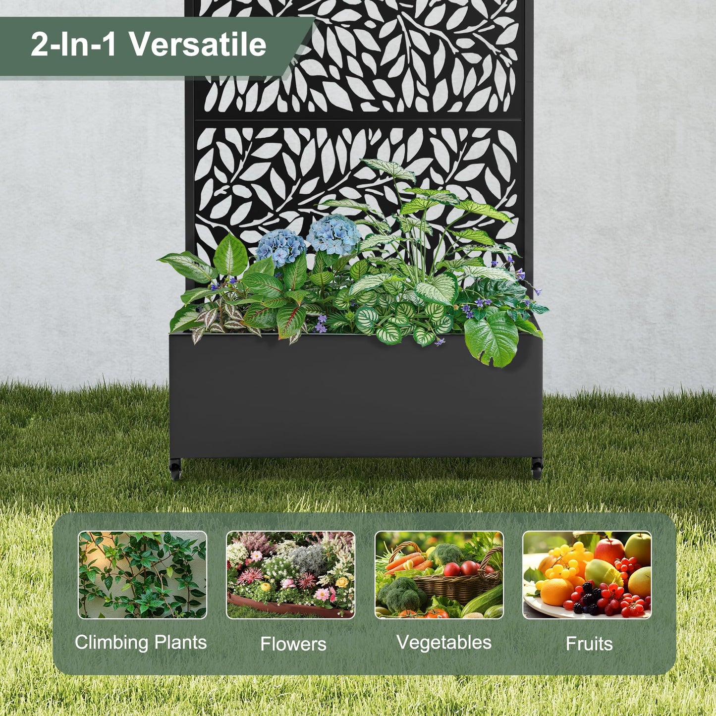 PolarcoForgeco Metal Planter Box with Trellis and Wheels, 35" L×16" W×71" H Outdoor Raised Beds with Privacy Screen, Drainage Holes for Climbing Plants (Black Leaf)