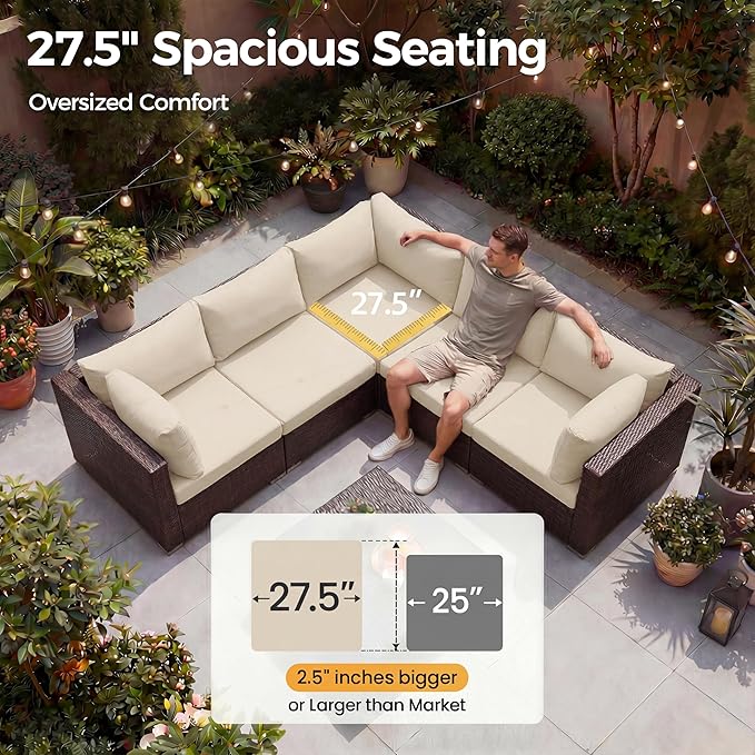 NICESOUL 6 Piece Patio Furniture Set with Firepit, 29.3'' High-Back Outdoor Sectional with Fireplace Natural Gas Propane Convertible, Comfy Deep Wide Seating Conversations for Outside, Brown