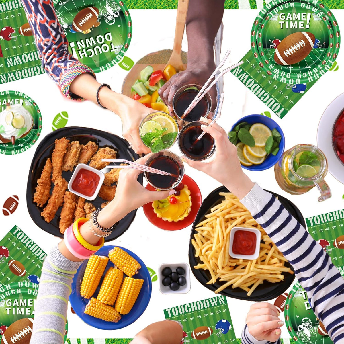 Football Party Decorations Supplies Set for 24 People, Includes 48 Dinner Plate, 24 Cup, 24 Napkin, 1 Tablecloth, 1 Pennant, Perfect for Super Bowl Game Day Birthday Party(98 Pcs)