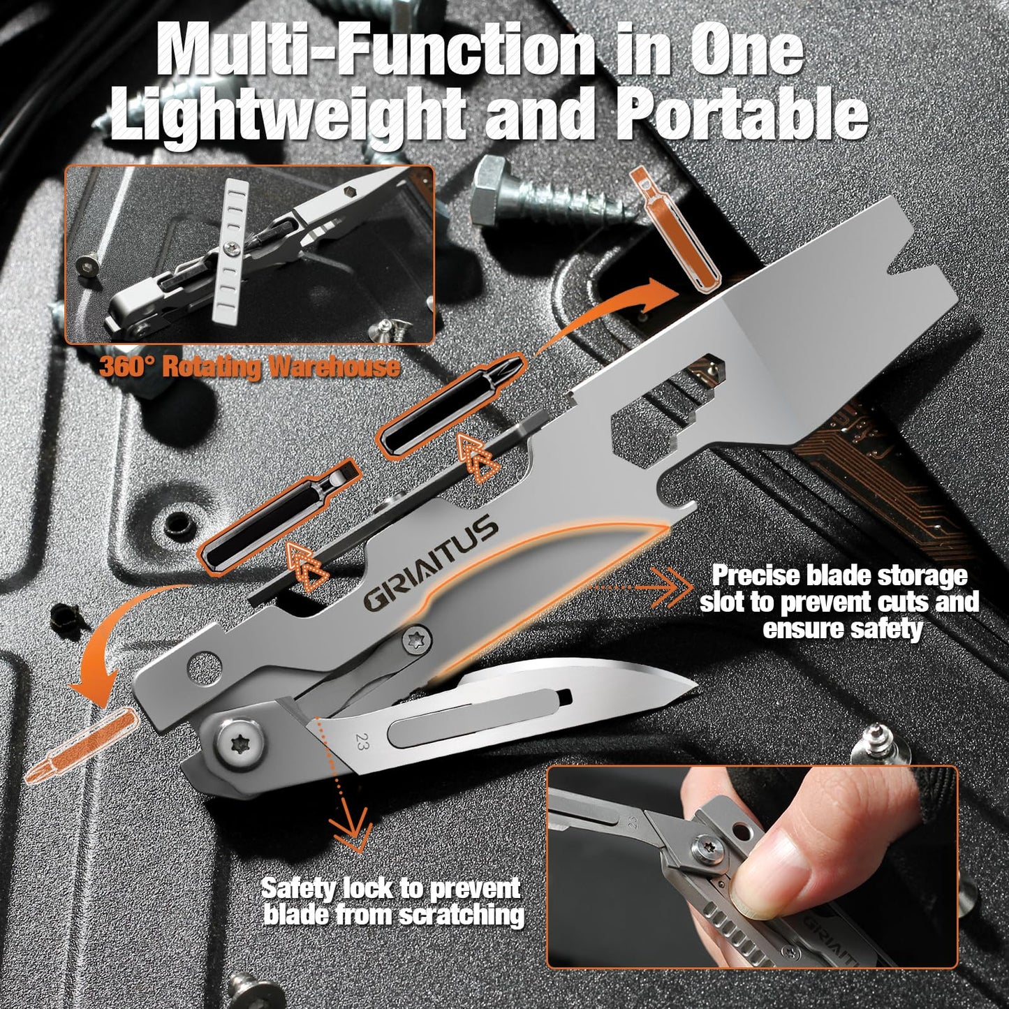Multitool Pry Bar Wrench Tool with Flat/Phillips Screwdriver Folding Multi-tool Box Cutter Blade Knife, Bottle Opener, Steel Handle, Everyday Carry, Cycling, Camping EDC Pocket Gadget Gifts for Men