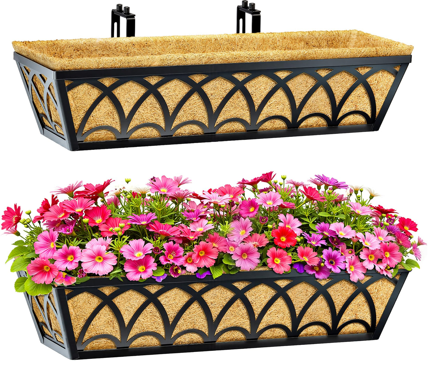 24 Inch Railing Planter Box Window Boxes Planters - 2 Pack Deck Railing Planter Boxes with Adjustable Brackets Coco Liners Balcony Planters Railing Hanging for Window Flower Boxes Outdoor Garden Decor