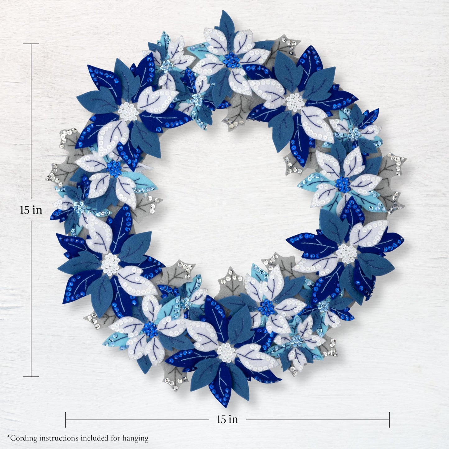Bucilla Felt Applique Wreath Making Kit, Winter Blue Poinsettia, Perfect for DIY Arts and Crafts