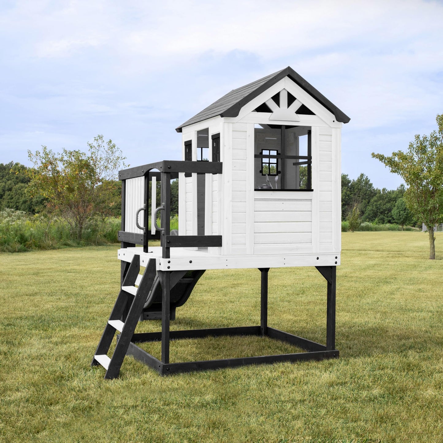 Backyard Discovery Sweetwater Heights White Elevated Cedar Wooden Kids Playhouse with Wave Slide, Play Kitchen, Step Ladder, Half Door, Wrap-Around Deck, Windows, Bell, Growth Chart for Outdoor Play
