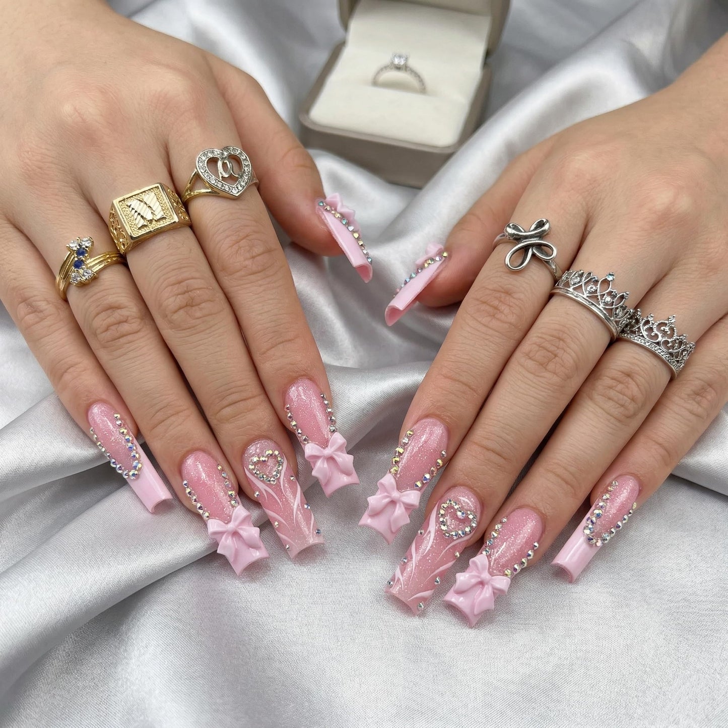 Long Press on Nails Square Fake Nails Pink Artificial Nail Seeneey Rhinestones Love Designs Bow Cute Stick on Nail for Women 24pcs