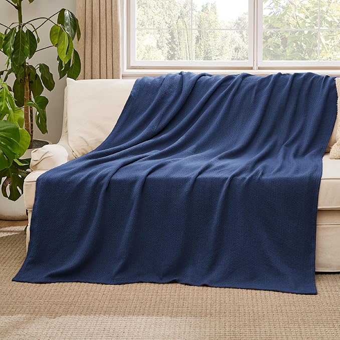 Bedsure 100% Cotton Blanket Twin XL Size for Bed - Breathable and Lightweight, Soft Cozy Textured Herringbone Woven Blanket for Summer Spring, Navy Blue, 66x90 inches