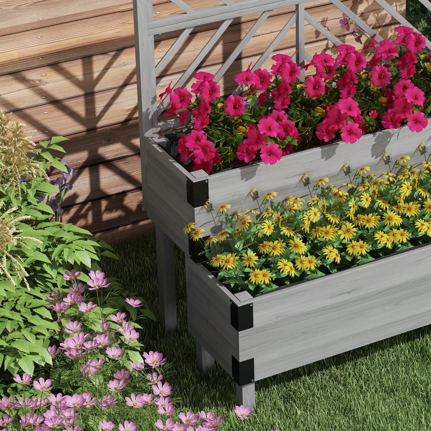 Outsunny 2-Tier Raised Garden Bed with Trellis, Wooden Elevated Planter Box with Drainage Holes, Liners, Metal Corners, Trellis Planter for Climbing Plants, Flowers, Herbs, 42.5" x 25.5" x 55", Gray