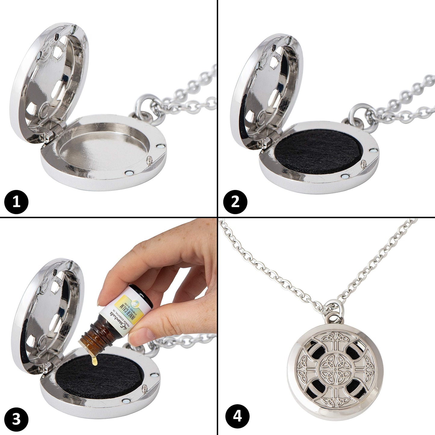 Wild Essentials Celtic Cross Essential Oil Diffuser Nickel Free Alloy Locket Pendant with 24 inch Chain, 6 Refill Pads, Customizable Color Changing Perfume Jewelry for Aromatherapy