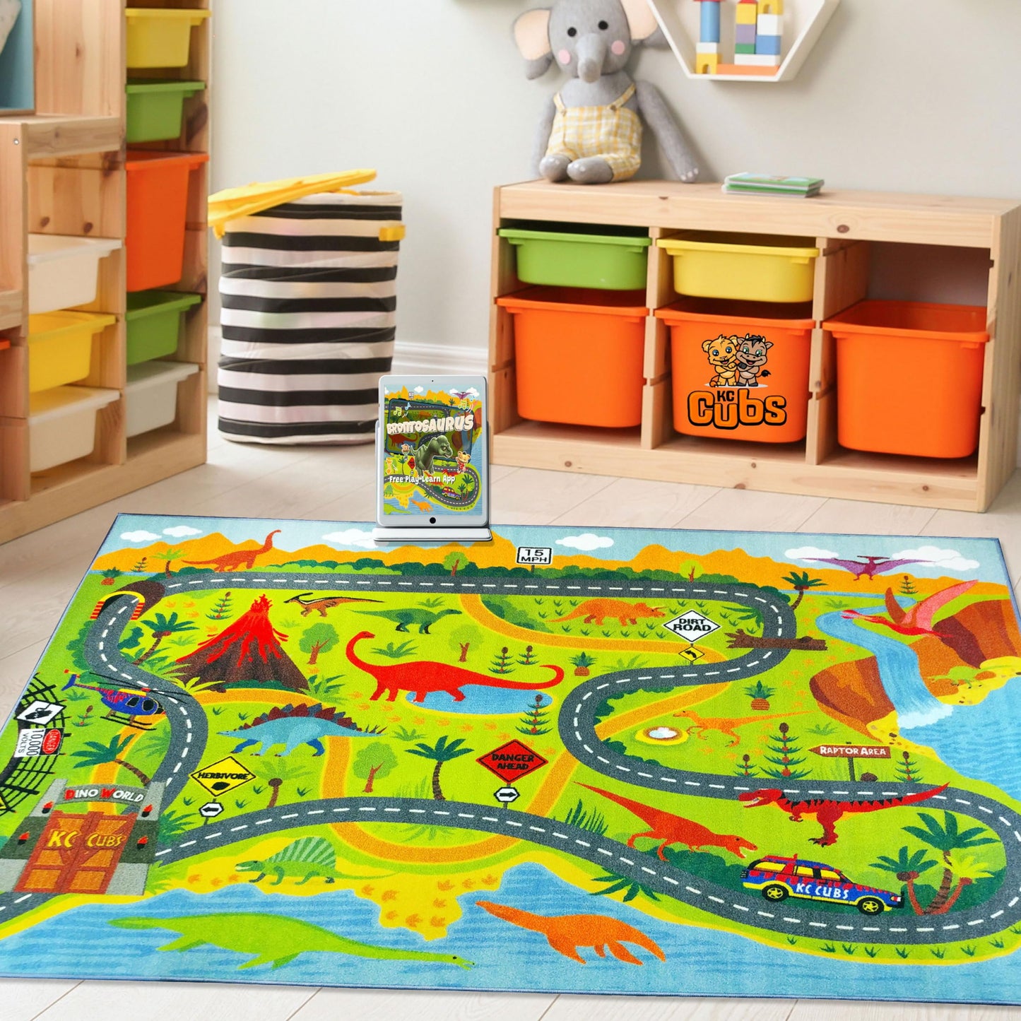 KC Cubs: Educational Rug: Dinosaur World Safari Road Map - 8x10' Playmat - Interactive Play, Activity Area Carpet, Bedroom-Classroom, Baby-Toddler-Kid
