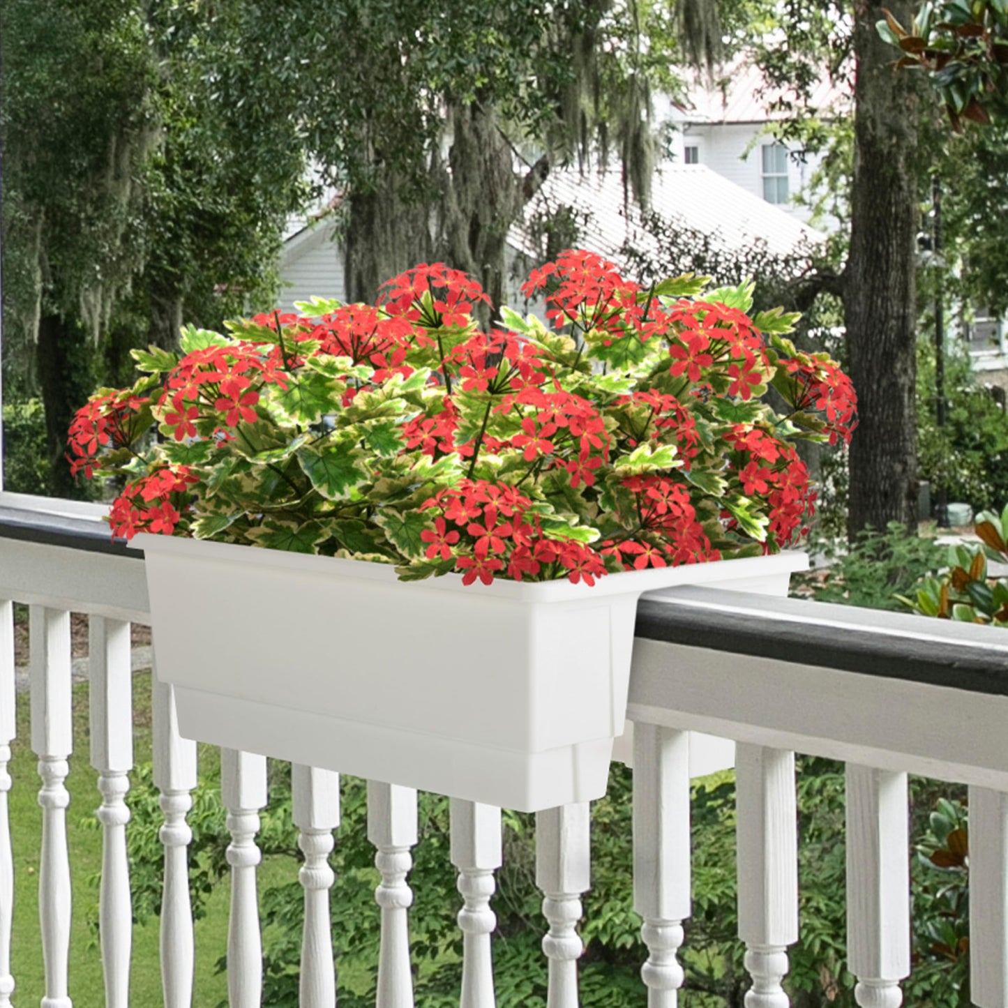 Railing Planter Box 2-Pack - 20.75-Inch Flower Boxes with Removable Drainage Inserts - 6-Gallon Outdoor Planters for Porch, Deck, or Balcony Decor, Fits Rail 3” - 4” by Pure Garden (White)