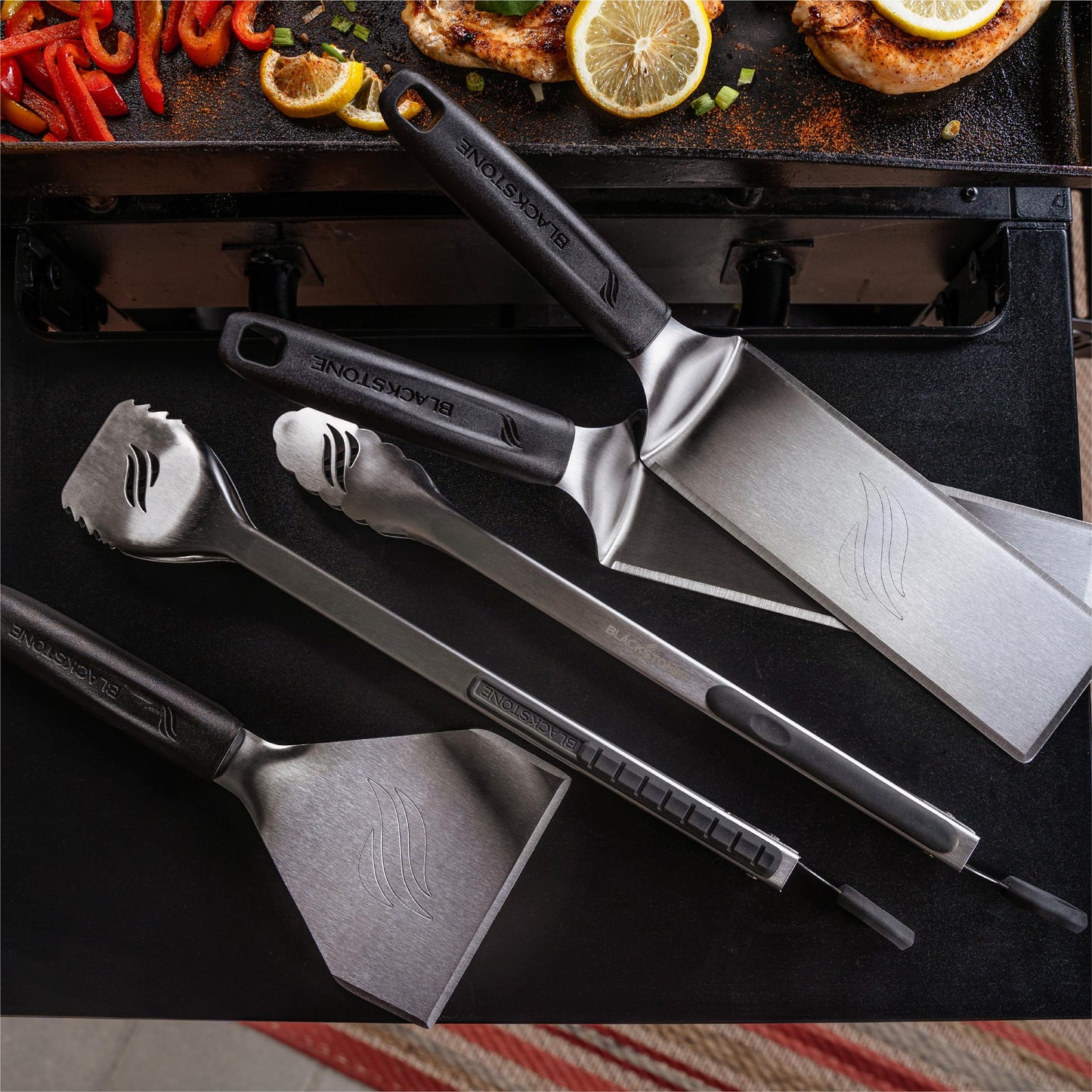 BLACKSTONE 5464 Griddle Tool Kit Outdoor Indoor Grill BBQ Utensils Cooking Accessories-Heat Resistant– 2 Long Spatulas, 2 Angled Scraper Classic Tong, 1 (32oz) Squeeze Bottle, Black, Silver, White