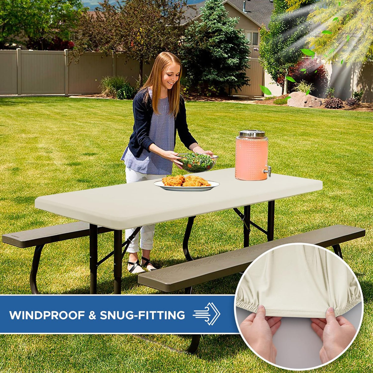 Fitted Tablecloth for 8 Foot Rectangle Tables-4 Pack Cream Elastic Outdoor Picnic Table Cover-Spandex Stretch Folding Table Cloths 8ft for Camping Dining Room Patio Kitchen Banquet Party