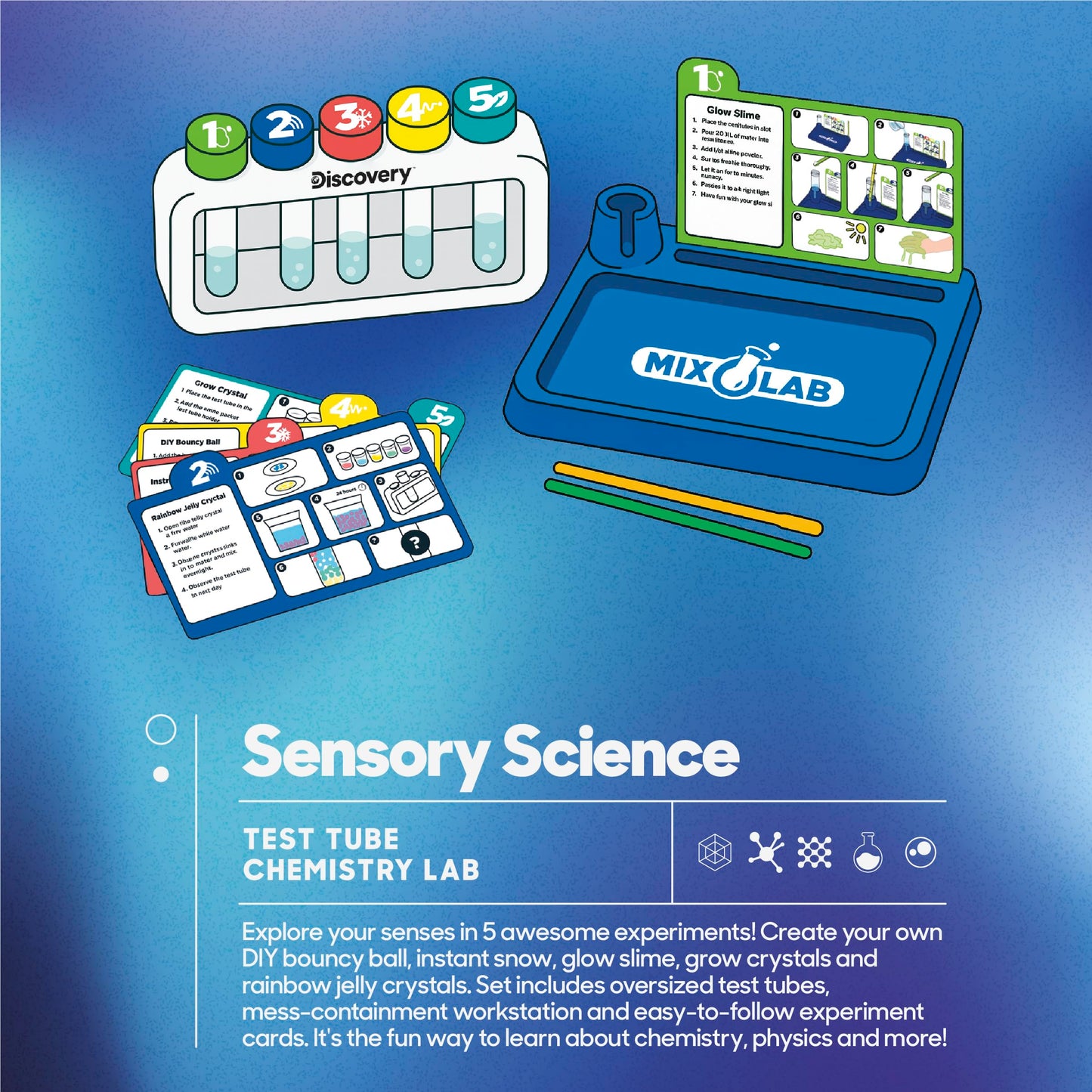 Discovery Sensory Science Test Tube Chemistry Lab| 5 STEM Experiments| Glow Slime, DIY Bouncy Ball, Crystal Growing, Instant Snow| Science Kit for Kids| Educational Learning Toy| Gift for Ages 6+