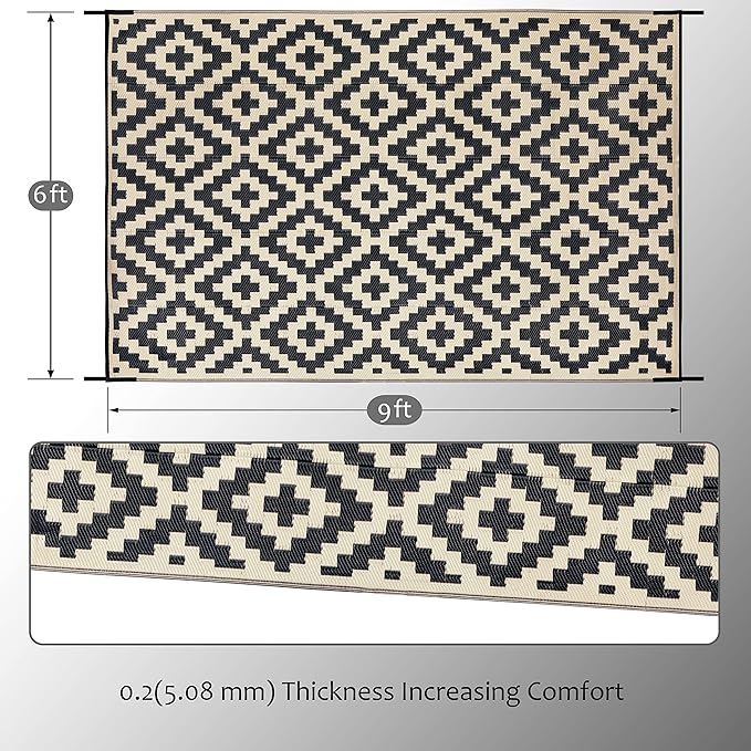 SAND MINE Reversible Mats, Plastic Straw Rug, Modern Area Rug, Large Floor Mat and Rug for Outdoors, RV, Patio, Backyard, Deck, Picnic, Beach, Trailer, Camping, Black & Beige, 6' x 9'