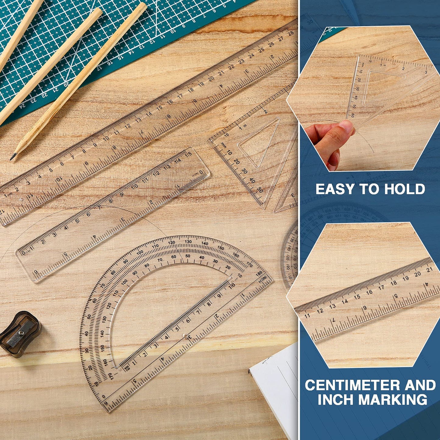 Tenare 72 Pcs Plastic Clear Math Set Includes Protractor Triangle Rulers 12 Inch 6 Inch Straight Geometry Math Transparent Ruler Measuring Tool for Office Home Supplies