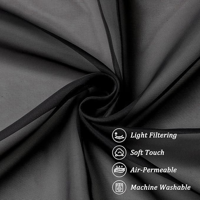 Chyhomenyc Extra Long Black Sheer Curtains 144 inch 2 Panels Set, Translucent Backdrop Window Scarf Drapes for Canopy Bed/Wedding/Living Room/Anniversary, 12FT Length, Each 42Wx144L in, 2PCS, Black