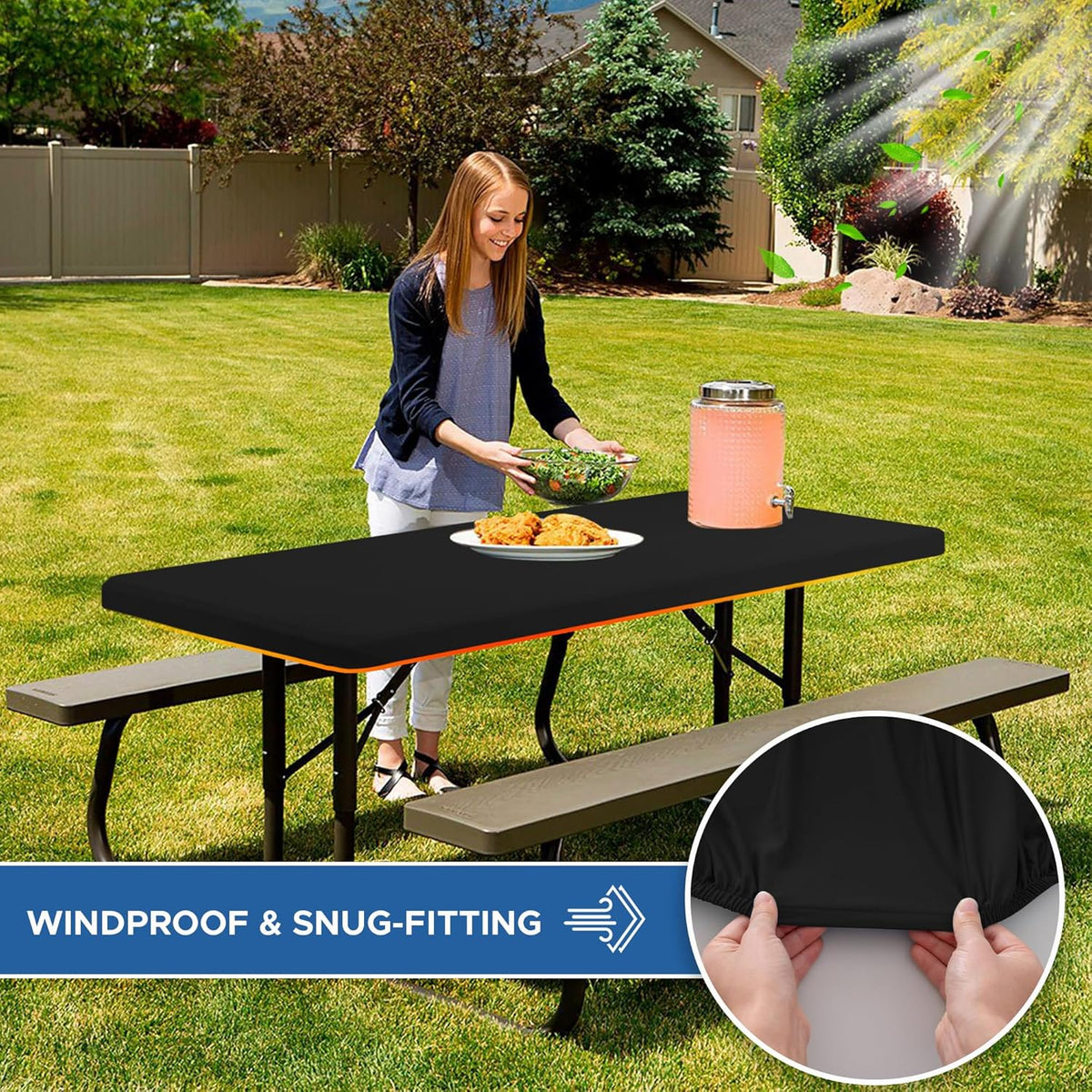 Fitted Tablecloth for 6 Foot Rectangle Tables-4 Pack Black Elastic Outdoor Picnic Table Cover-Spandex Stretch Folding Table Cloths 6 ft for Camping Dining Room Patio Kitchen Banquet Party