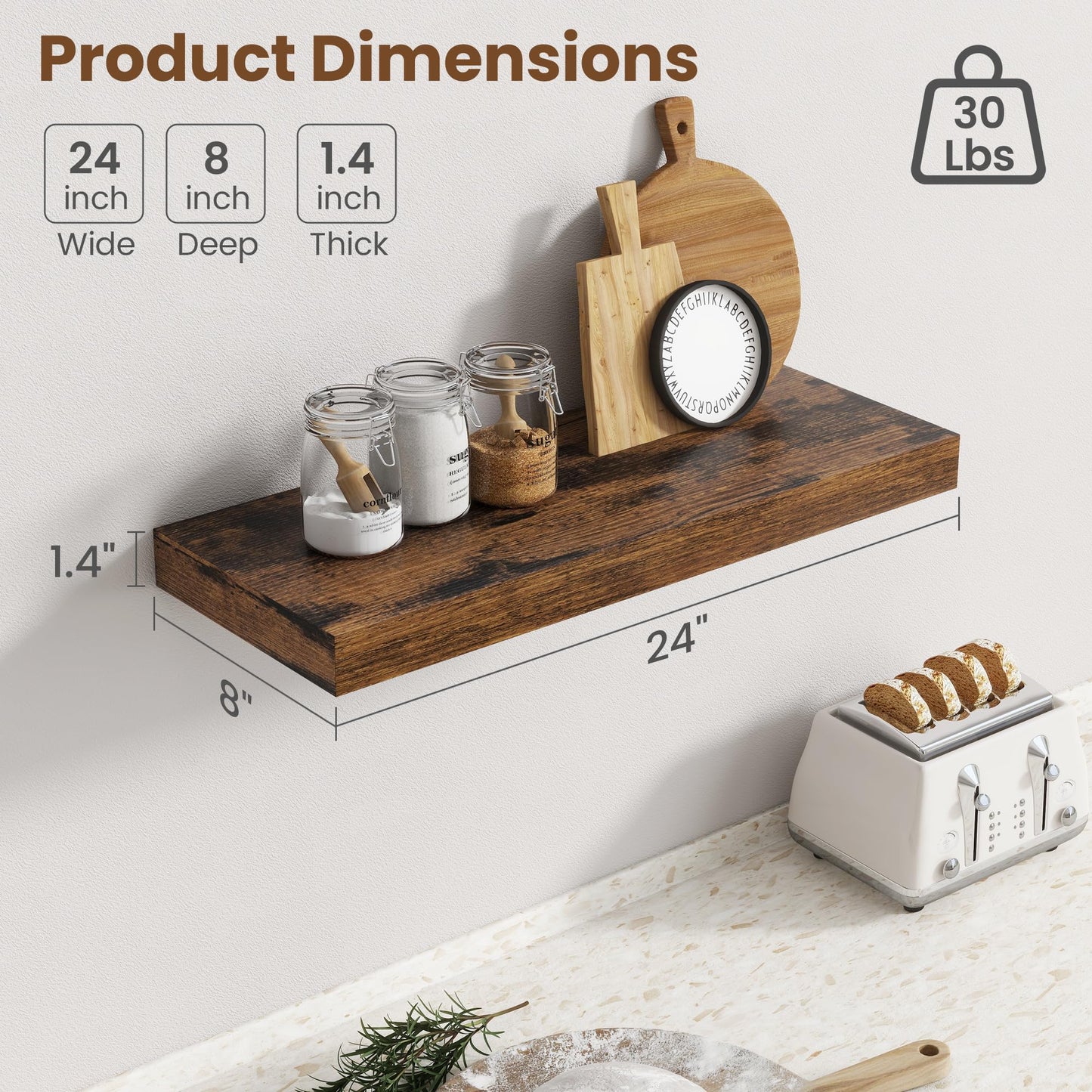 24 Inch Floating Shelves for Wall, 8 Inch Deep Floating Shelf for Storage & Display, Wall Mounted Shelf with Invisible Brackets for Living Room, Kitchen, Bathroom, Home Decor, Set of 2, Rustic Brown