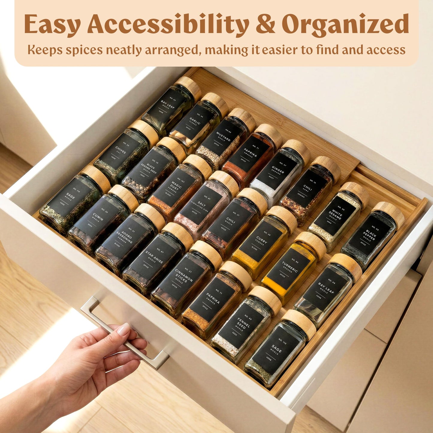 EDELHAUS Bamboo Spice Drawer Organizer - Expandable 4 Tier Spice Rack (Need 3" Deep Drawer) 12" to 24" Wide, Seasoning Organizer, Organization Seasoning Rack insert (Jars Not Included)