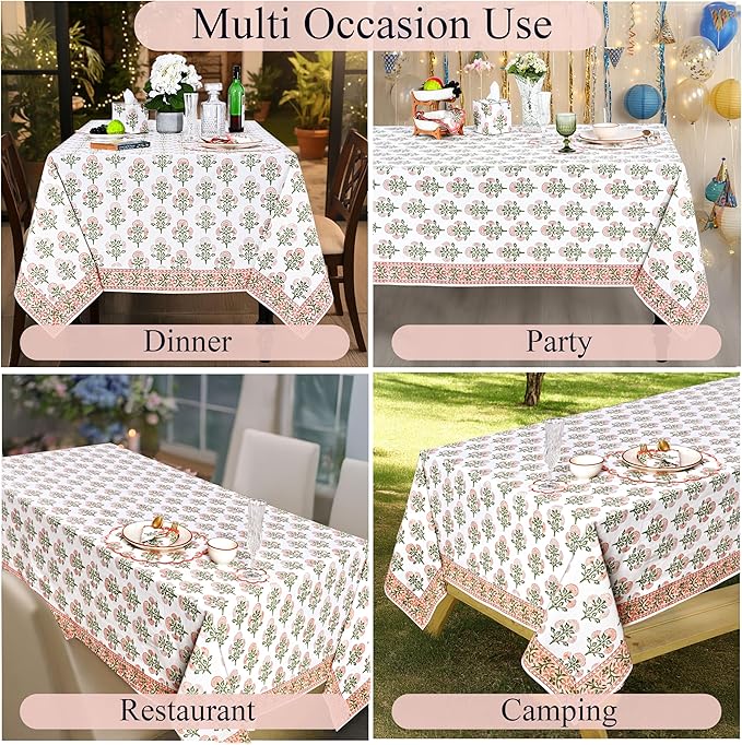 Ridhi Hand Block Print Mughal Buta Peach Rectangle Cotton Tablecloth 108" x 70" Reusable Table Cover Decorative Everyday Use for Dining, Farmhouse, Home Gift for Spring, Easter, Valentine