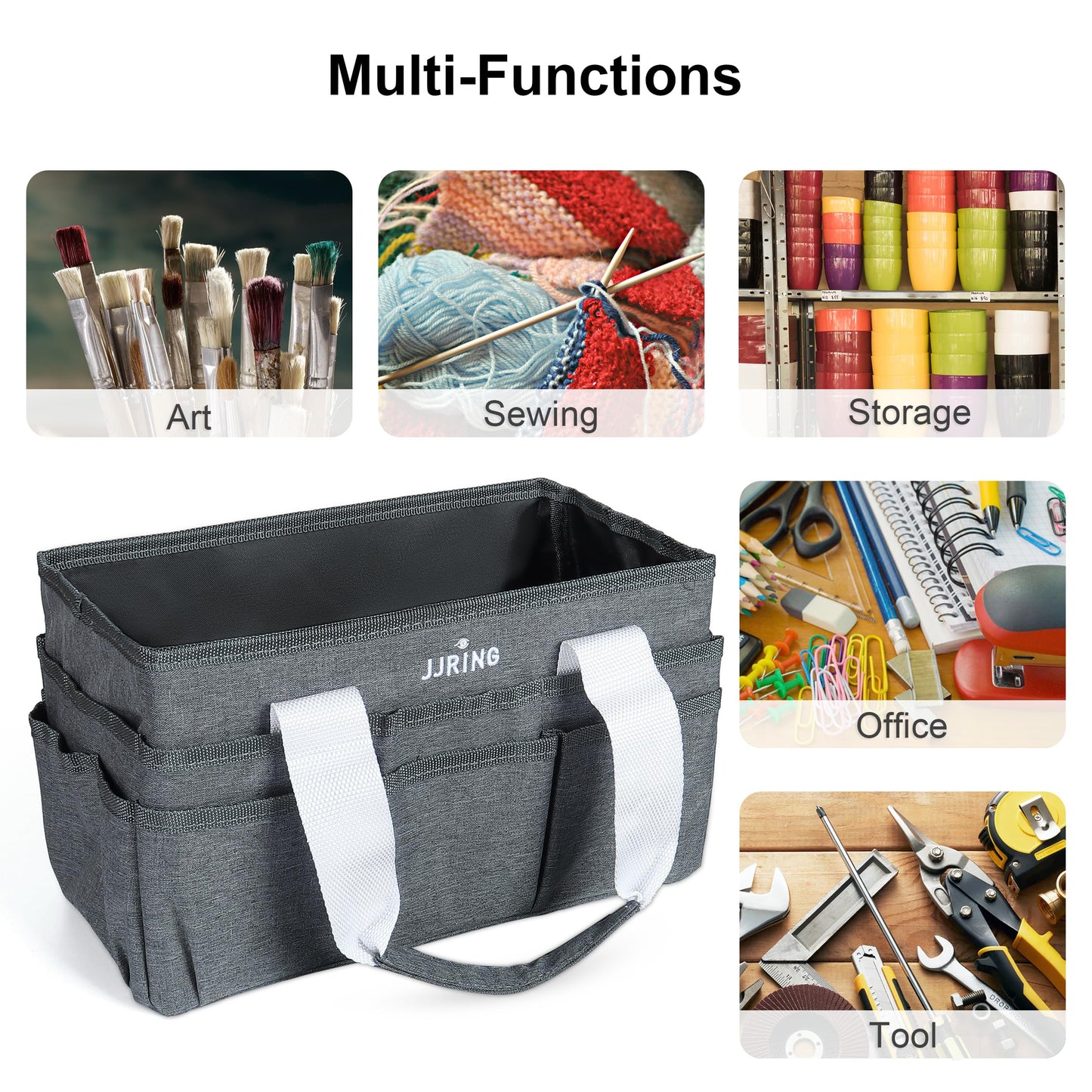 JJRING Craft Organizer Tote Bag, Art Storage Caddy with Multiple Pockets, Grey Sewing Bag for Art, Craft, Scrapbooking, Medical, and Office Supplies Storage