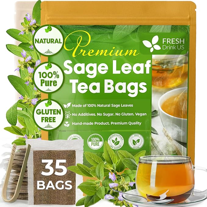 FreshDrinkUS, Premium 35 Sage Leaf Tea Bags, 100% Natural & Pure from Sage Leaves. Loose Leaf Herbal Tea. Made with Natural Material Tea Bags. No Sugar, No Caffeine, No Gluten, Vegan.
