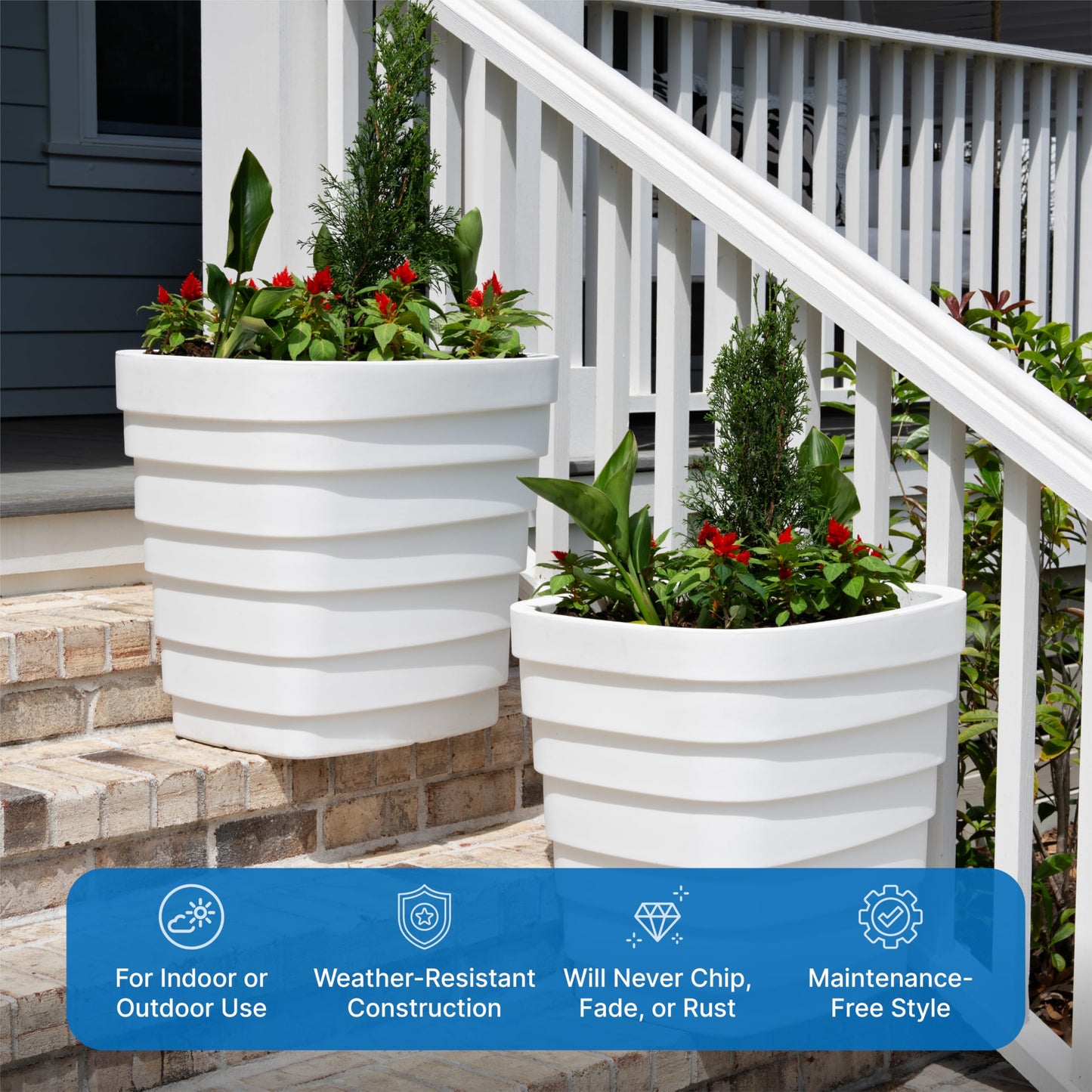 Step2 Wave 20x24 Planter, Large Planters for Outdoor Plants, Gardening and Flower Pot for Patio or Porch, Efficient Drainage, Durable Plastic, White, 2-Pack