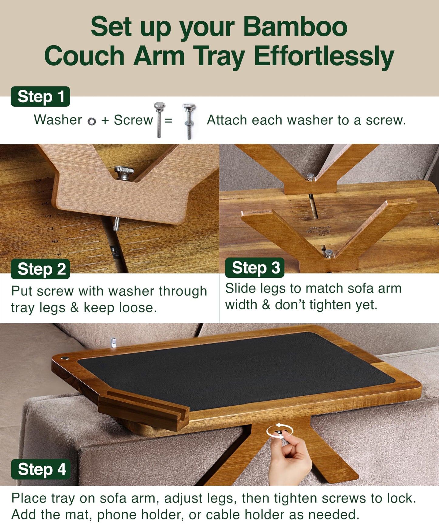 Acacia Couch Arm Tray Table – 2 in 1 Adjustable Couch Arm Table Fits Most Sofa Arms with 360° Rotating Phone Holder, Wire Holder & Non-Slip Mat – Elegant Sofa Tray for Snacks & Coffee