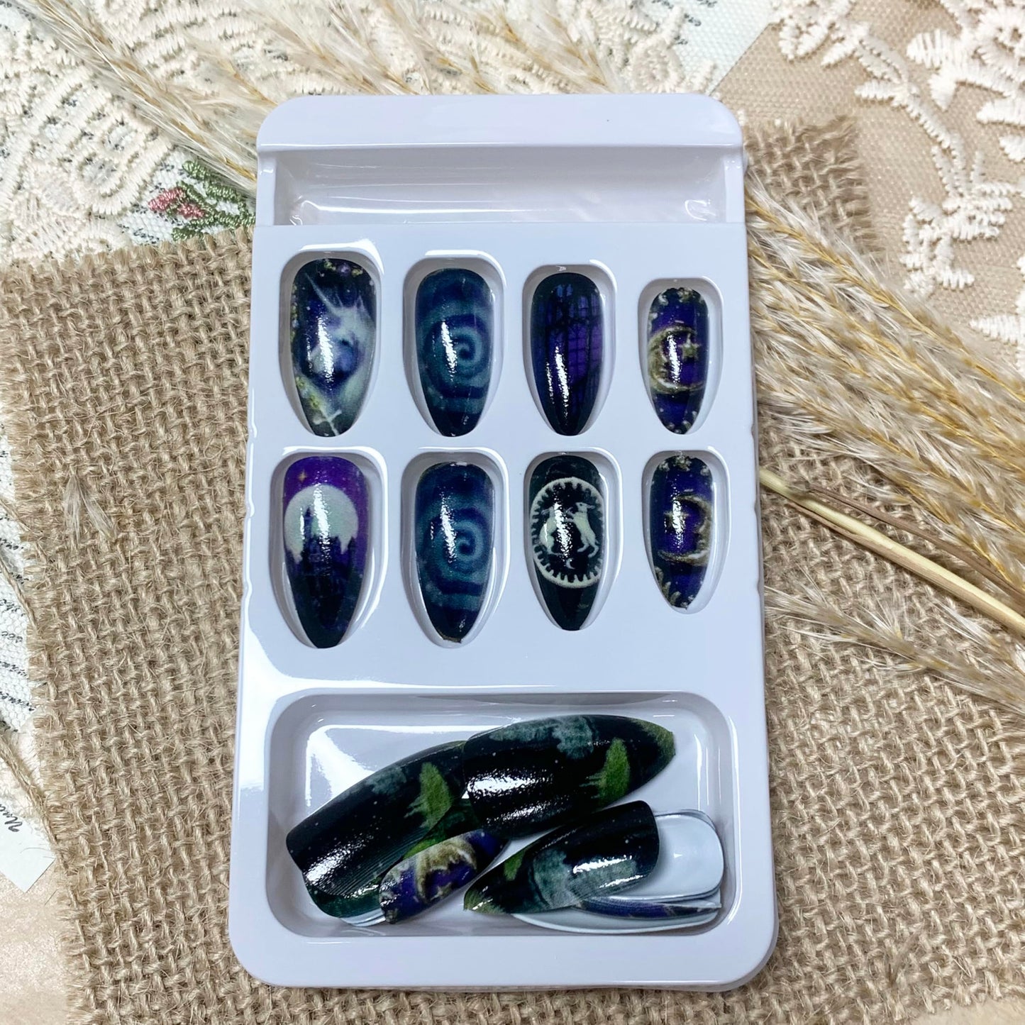 BABALAL Press on Nails Medium Almond Fake Nails Purple Goth Glue ons Anime Design Rabbit Unicorn Golden Moon Y2k Manicure Handmade Custom Art 24Pcs Glossy Full Cover Acrylic False Nails