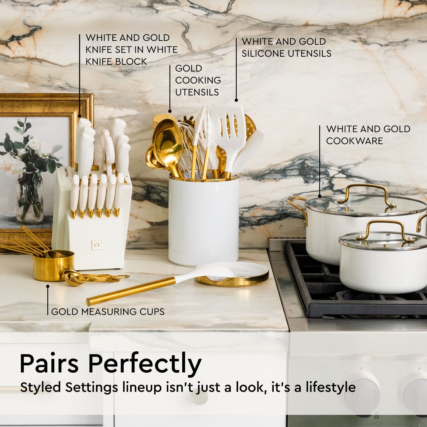 White Utensil Holder with Built-In Ceramic Spoon Rest - 2-Piece Luxe White and Gold Spatula Holder with Gold Spoon Rest for Countertop Organization - Stylish Kitchen Accessory, Utensils Not Included