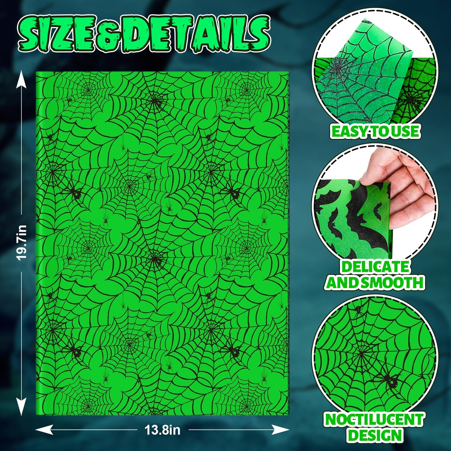 Whaline 90 Sheet Halloween Black Green Tissue Paper Pumpkin Cobweb Bat Wrap Tissue Paper 13.8 x 19.7 Inch Scary Black Green Decorative Gift Wrapping Paper for Halloween Party Craft Gift Packing