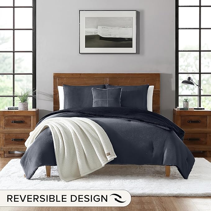 UGG Remina Comforter Set 5 Piece Bed in a Bag with Throw Blanket, Decorative Pillow, Shams, and Reversible Comforter Hypoallergenic Washable Luxury Plush Warm Plush Fluffy Bedding Set, King, Navy Blue