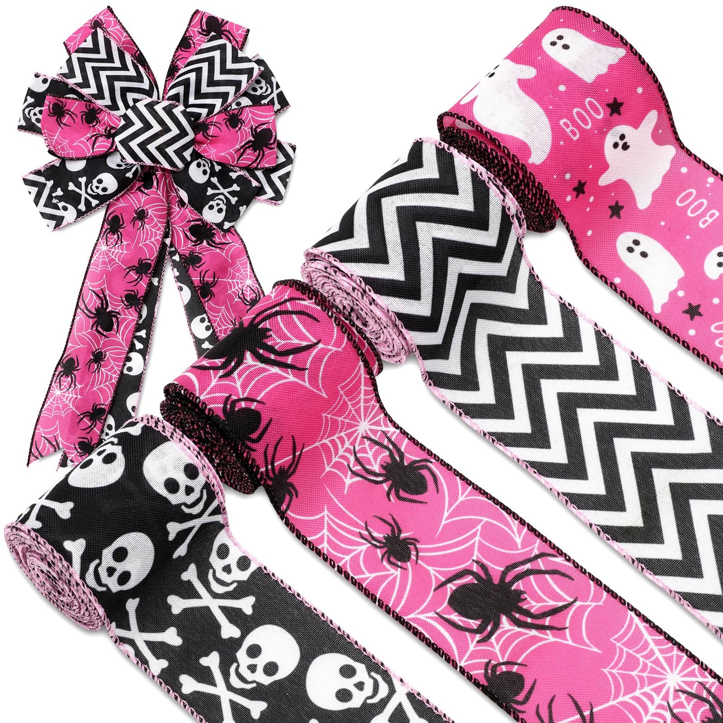 JarThenaAMCS Halloween Wired Edge Ribbons Ghost Skull Fabric Ribbons Pink Black Wrapping Ribbons for DIY Crafts Wreath Bow Making Supplies, 4 Rolls, 24 Yard