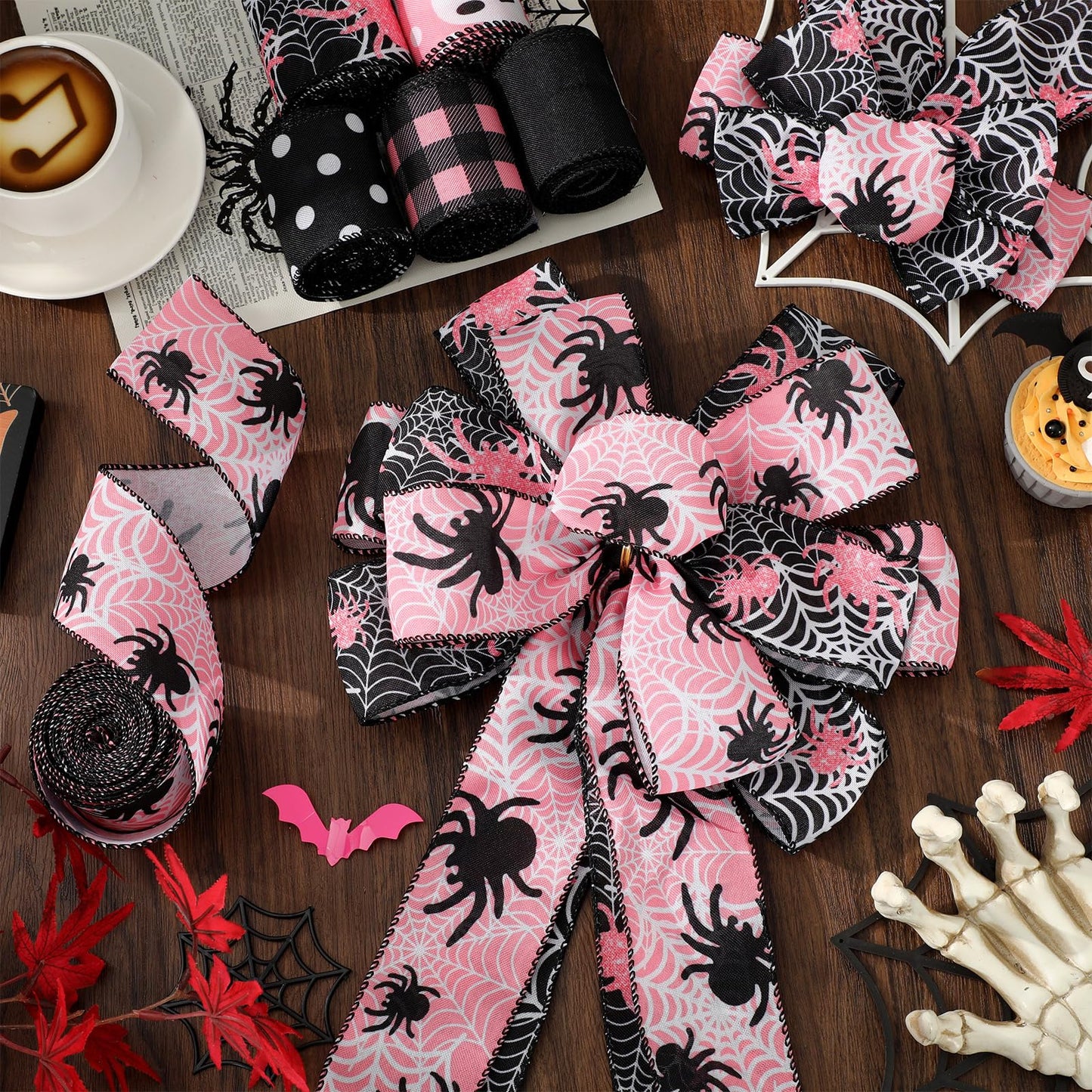 Whaline 6 Roll Halloween Wired Edge Ribbon Ghost Boo Spider Web Ribbon Pink Black Fabric Ribbons for Wreath Bow Making DIY Crafts Wrapping, 30 Yard