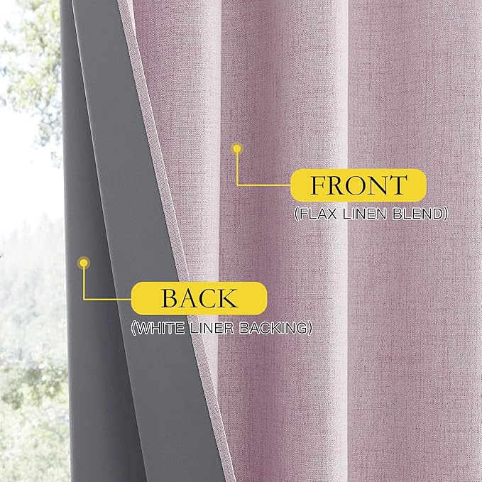 NICETOWN Pink Vintage Linen 100% Blackout Curtains for Living Room, Thermal Insulated Curtains 84“ Long, Noise Reducing Window Treatment Drapes for Hall Room, 52" Wide Per Panel, Set of 2