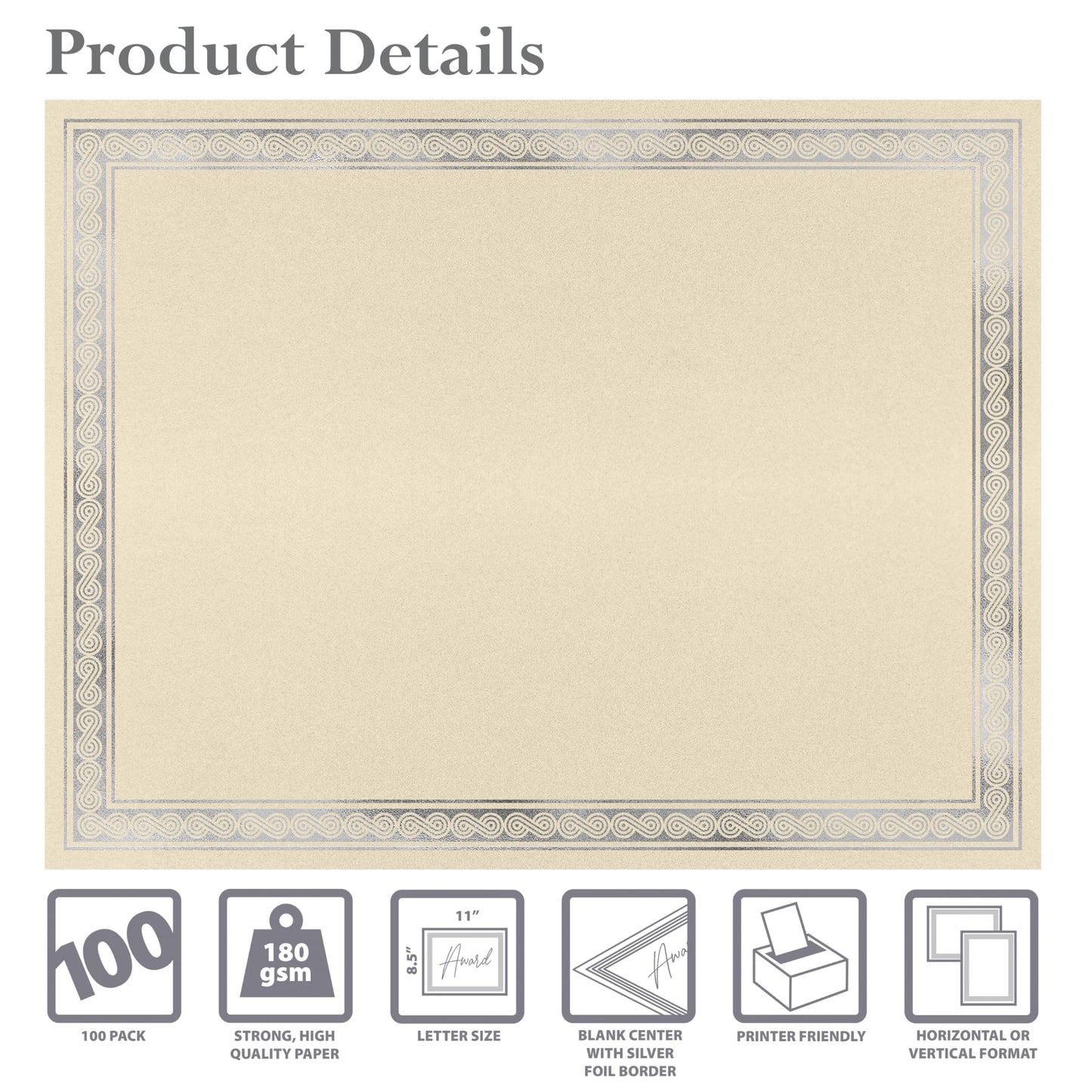 Better Office Products 100 Sheet Award Certificate Paper, Silver Foil Metallic Border, Ivory Letter Size Blank Paper, Diploma Certificates, Laser and Inkjet Printer Friendly, 8.5 x 11 Inches