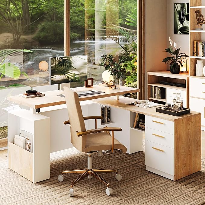 63" Standing Desk with File Cabinet, Privacy Panel, AC/USB, 1.18" Desktop, Executive L Shaped Height Adjustable Electric Stand Up Desk, Home Office Table with 3 Drawers, Light Walnut