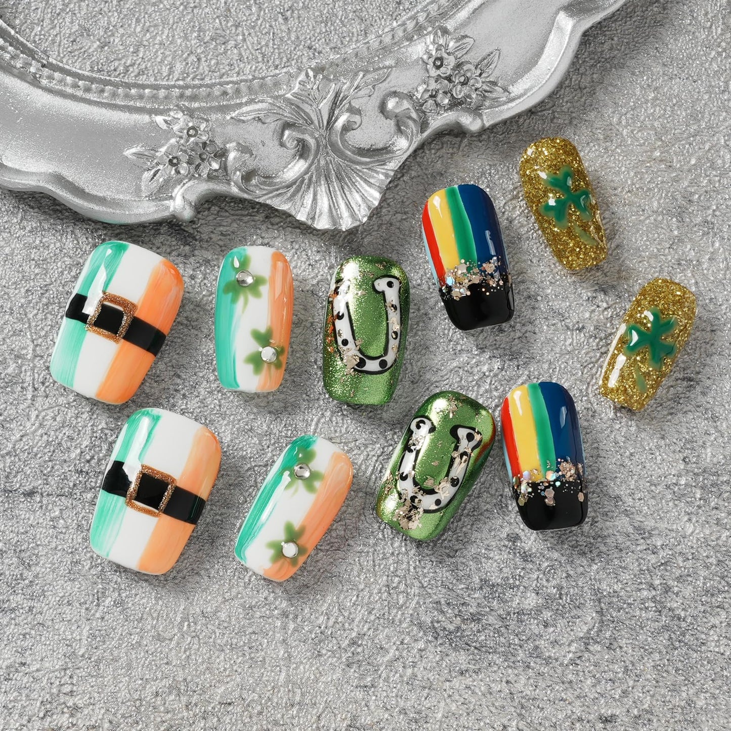 Tesytto Medium Square Press on Nails - Irish Flag Green White Orange Nails with Lucky Shamrock & Belt Design, Rainbow & 3D Gold Glitter Spring Summer Fake Nails (Size M)